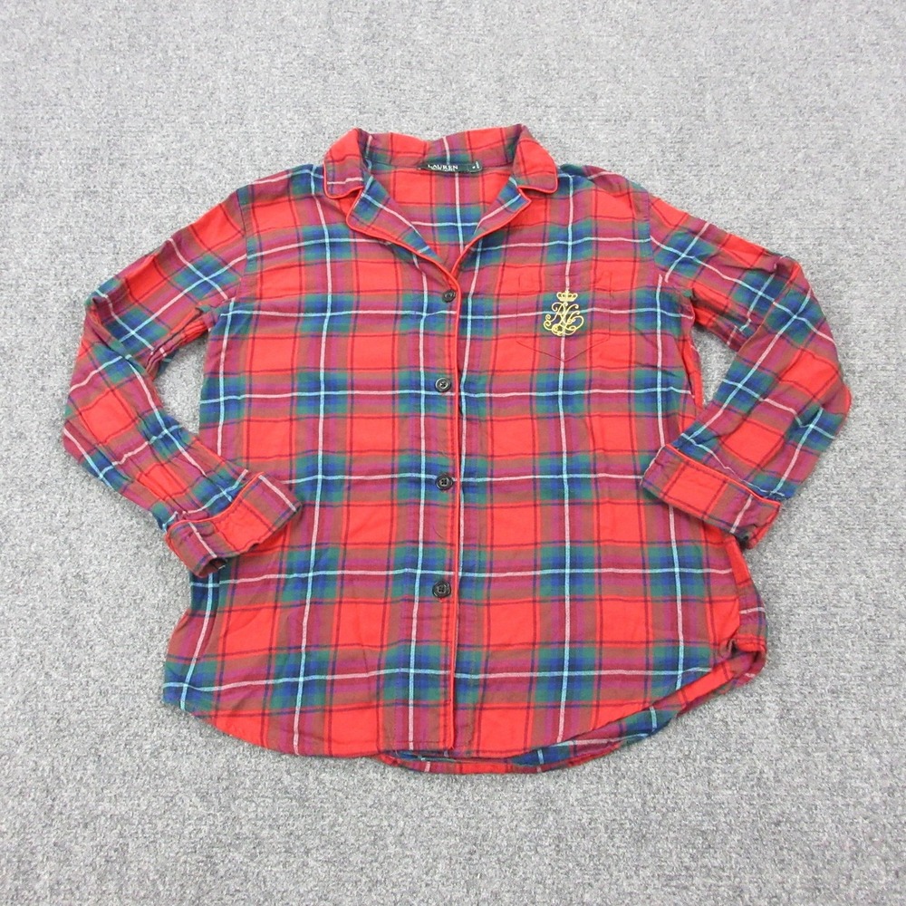 Lauren Ralph Lauren Shirt Womens Medium Red Plaid Flannel Pajama Crest Top